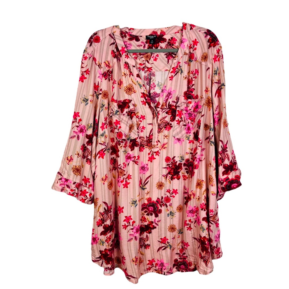 Torrid Floral Print Tunic Top-pink and brown - Picture 3 of 12